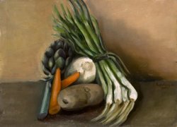 STILL LIFE WITH LEEKS, 1961 - Oil on wood cm. 40 x 29